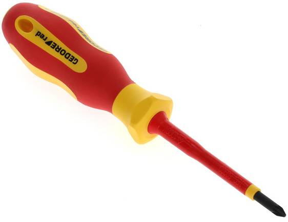 A yellow and red screwdriver with a flat, insulated handle, ideal for electrical work.