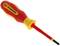 A yellow and red screwdriver with a flat, insulated handle, ideal for electrical work.