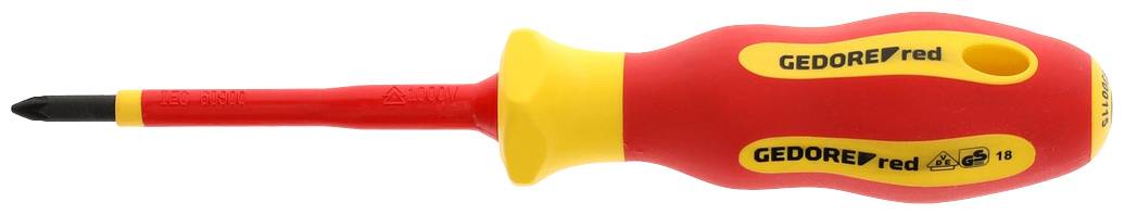 An insulated cross-head screwdriver with a red and yellow handle, marked with 'GEDORE red'.