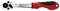 A spanner with a red and black handle lies horizontally. The handle has a textured surface for improved grip.