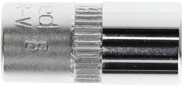 Metal socket wrench insert with knurled handle, embossed markings 'R1/8' and '08'.