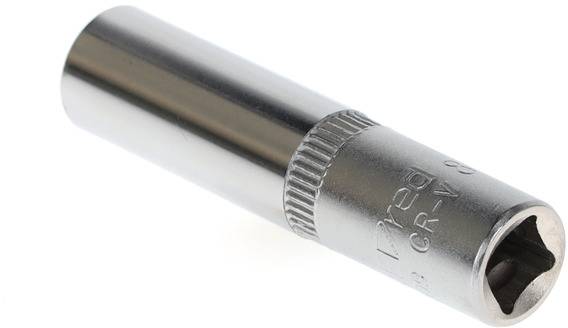 A silver socket for a spanner, showing a hexagonal opening and knurled sides for improved grip.