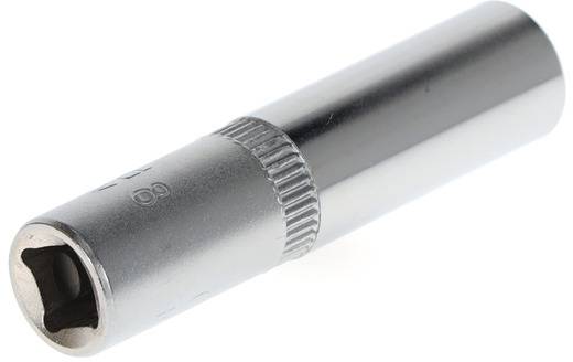A silver spark plug socket with a ribbed grip and a hexagonal end for motor maintenance.