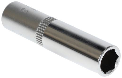 Cylindrical, metallic socket with a ribbed grip area. Used for turning screws with a socket wrench set.