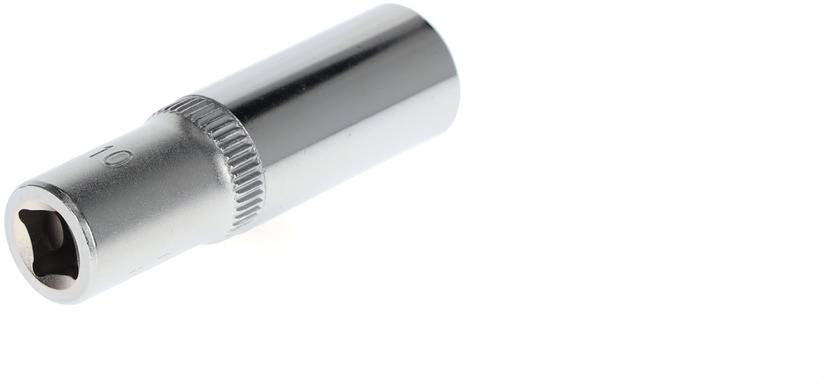A silver socket attachment with a fluted edge lies at an angle. Suitable for nuts or bolts with a hexagonal head.