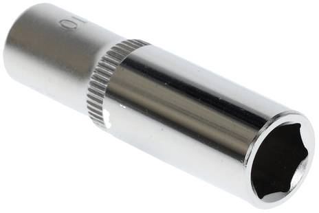 Metallic socket spanner, cylindrical in shape, with a knurled handle section and hexagonal drive for loosening or tightening screws.