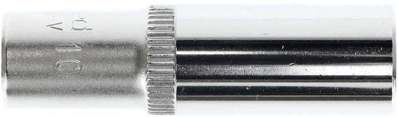 A silver socket extension with a knurled handle and size marking '10' engraved on it.