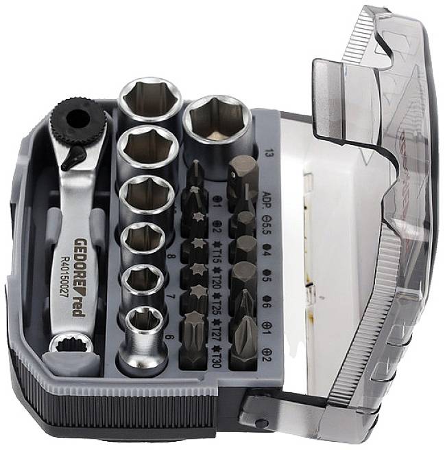 Set of spanners and bits in a transparent storage box. Primarily hexagonal and cross-head bits.