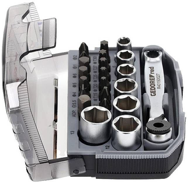 Socket wrench set in plastic box with ratchet and various socket nuts and bits.