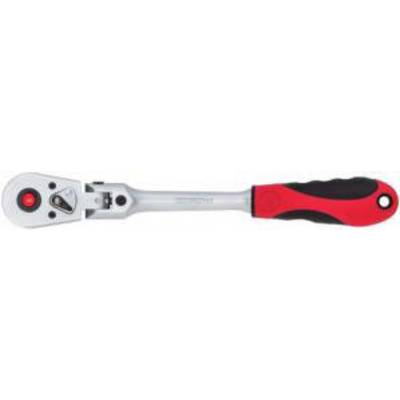 'Ratchet spanner with red and black handle and adjustable head, suitable for screw-related work.'