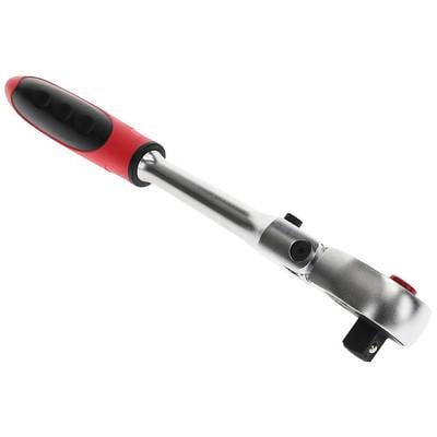 Ratchet with red and black handle, made of metal, for handling threaded connections.