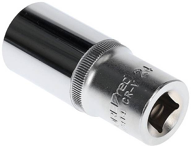 A silver socket attachment, also known as a socket, for spanners. Smooth surface with '24' engraving, used for screw assemblies.