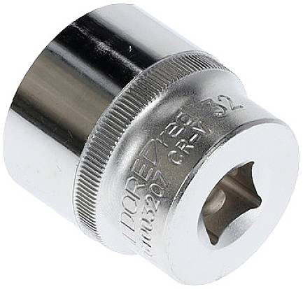 Silver socket wrench nut with '32 CR-V' inscription on the side, metallic and lustrous, suitable for mechanical applications.