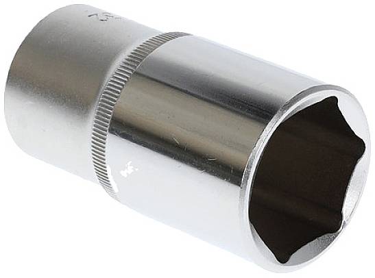 Metal hexagonal socket nut used for ratchets and spanners to secure nuts and bolts.