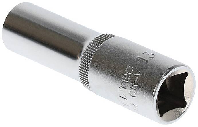 A silver socket insert with a hexagonal opening, suitable for screws and nuts. The insert has a smooth surface.