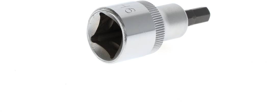 Metal bit key adapter with hexagonal opening, grip structure for improved grip. Used for mechanical work and repairs.