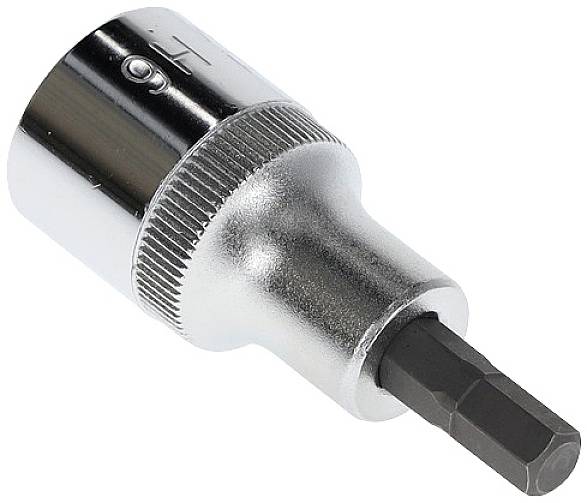Metal hexagonal bit socket, silver-coloured with black bit, suitable for screw-related tasks.