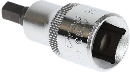 A silver socket extension with a hexagonal bit. Primarily used for fastening connections.