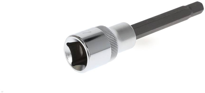 Metal socket bit with hexagonal shaft, polished surface.