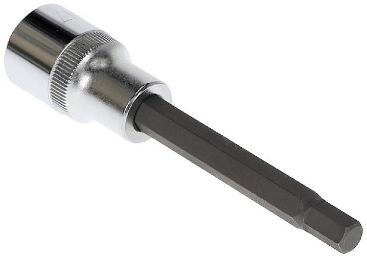 A shiny hexagonal bit attachment made of metal for a spanner, used for tightening or loosening hexagonal bolts.