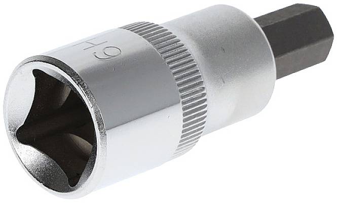 A silver hexagonal socket attachment with a knurled ring, designed for use with a spanner, on a white background.