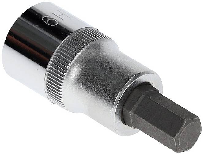 Hexagonal metal screw head, shiny, with a knurled grip, suitable for tightening or loosening screws with a matching spanner.