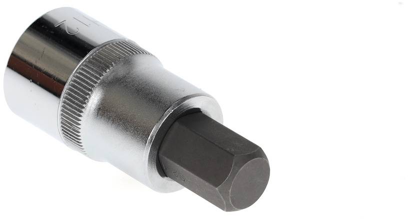 Hexagonal bit for a socket wrench, made of metal, with a knurled end for improved grip. Ideal for DIY and craftwork.