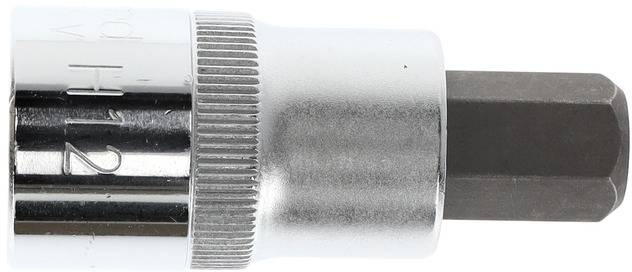 A hexagonal bit with a metallic socket and a six-sided end, used for tightening or loosening screws.