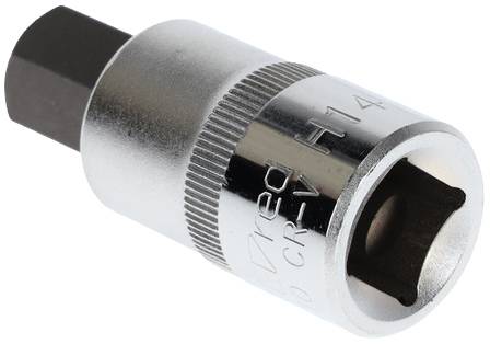 Hexagonal metal socket adapter, size H14, for use with a spanner or ratchet.