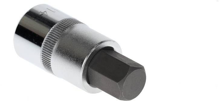 Hexagonal metal bit, cylindrical with a knurled edge, primarily used for tightening or loosening hexagonal screws.