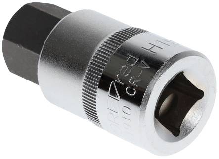 A silver socket extension with a hexagonal drive. Suitable for tightening or loosening nuts and bolts.