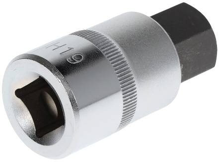 A silver socket extension with the marking 'H19', suitable for nuts or bolts of this size.