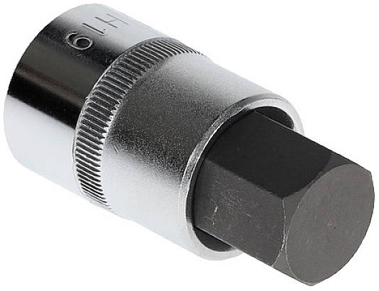 Metallic hexagonal socket attachment suitable for ratchet spanners to loosen or tighten screws.