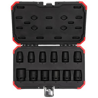 An open tool case with ten socket wrenches in various sizes, neatly placed in moulded recesses.