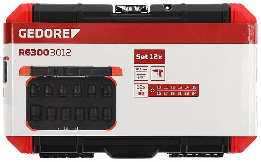 'GEDORE R63003012 Socket Spanner Set, 12-piece. Contains 12 pieces: Sizes from 10 to 24 mm. Half-inch drive, in red and black case.'