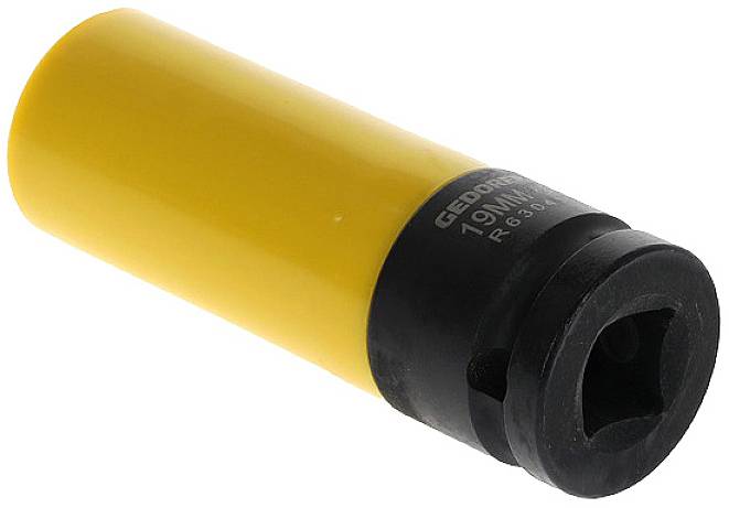Yellow socket drive, 19 mm, marked with the inscription 'GEDORE'. Tool designed for use with a spanner.