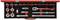 A red toolbox containing a socket set, ratchet, and extensions, neatly arranged in foam cut-outs.