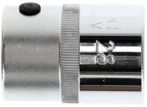 Metal socket extension, cylindrical, with knurled handle and partially embossed top surface, size 28, with small black dot.
