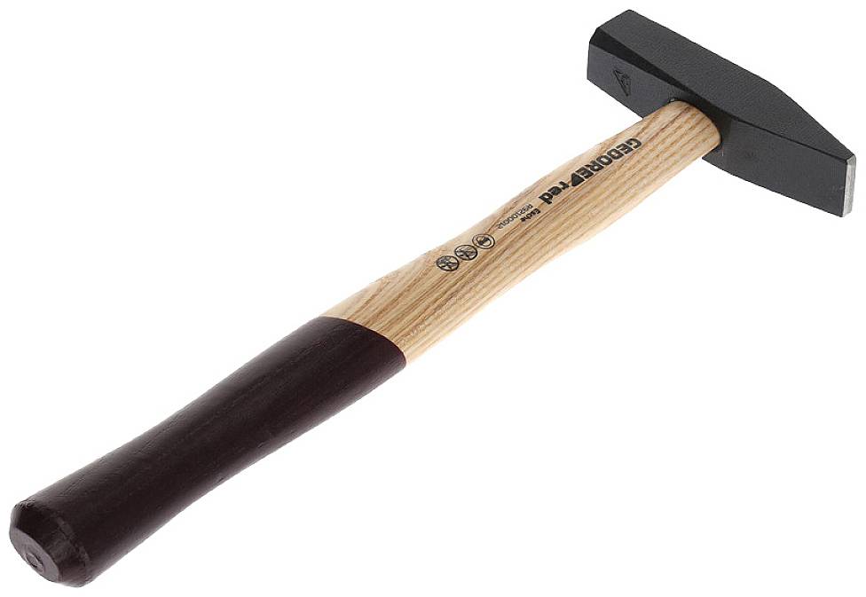 Hammer with a wooden handle and black metal head, suitable for craftwork.<br><br>Hammer with a wooden handle and black metal head, ideal for manual trades.