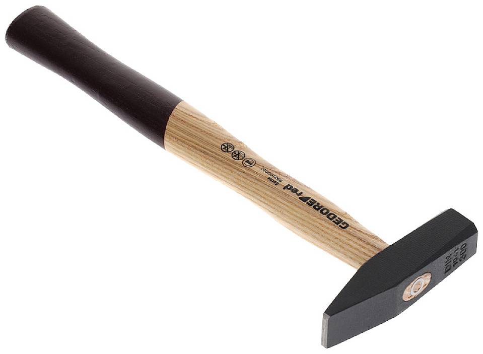 Hammer with a wooden handle, partially dark-painted. Black head with a rectangular striking surface and tapered end, on a white background.
