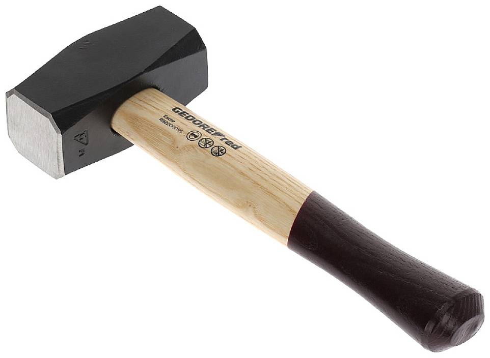 A heavy hammer with a black head and wooden handle, suitable for craftwork and robust applications.