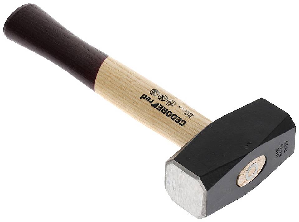 A hammer with a wooden handle and black head, lying on its side, against a white background. The handle displays a manufacturer's logo.