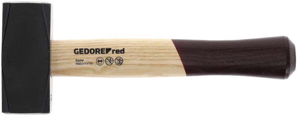 A hammer with a wooden handle and black head, brand 'GEDORE red', is lying horizontally. Symbols and text can be seen on the handle.