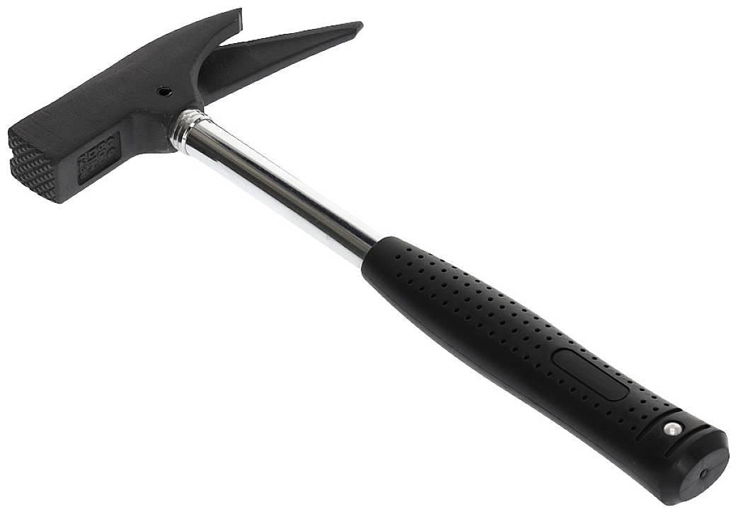 A black hammer with a metal shaft and a rubberised grip. On the left is a flat hammer head section, on the right a split claw.