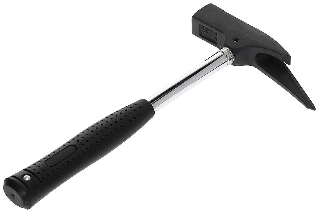 A roofer's hammer with a black handle and head, suitable for construction work.