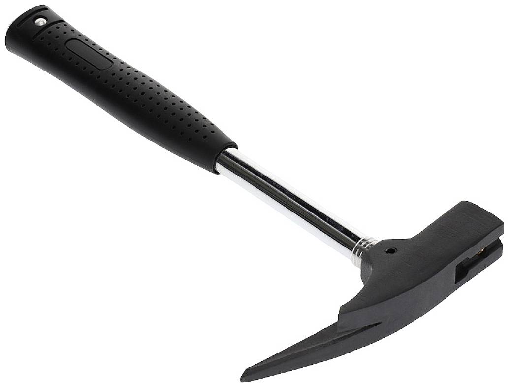 A geological hammer with a black handle and silver shaft. Commonly used by geologists for collecting rock samples.