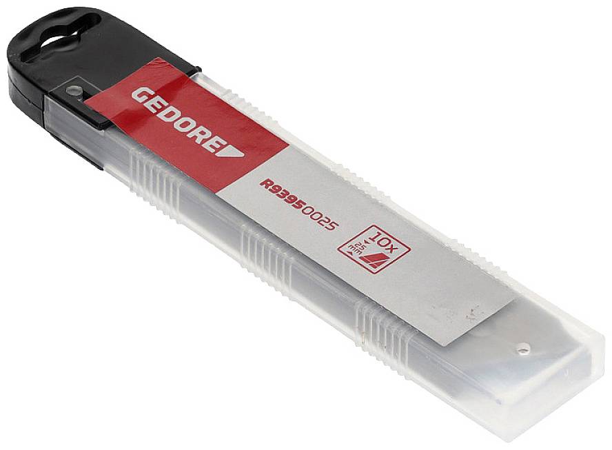 A rectangular plastic packaging with a red label displaying 'GEDORE' and 'R9350025'. Packaging for tools or spare parts.