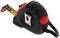 Black and red measuring tape with a metal clip and an extended yellow tape displaying centimetre and inch markings.
