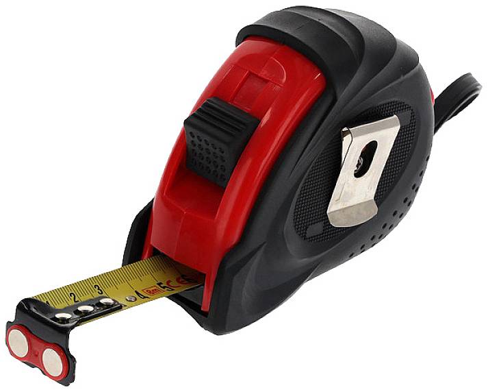 A black and red tape measure with a yellow tape pulled out, showing centimetre markings from one to five.