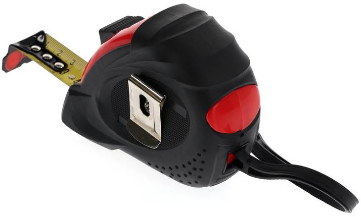 Black and red measuring tape with extended yellow measuring tape and attachment clip on a white background.